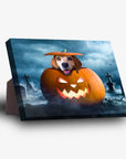 Personalized pet standing canvas featuring a beagle in a carved pumpkin, set against a spooky graveyard under a full moon.