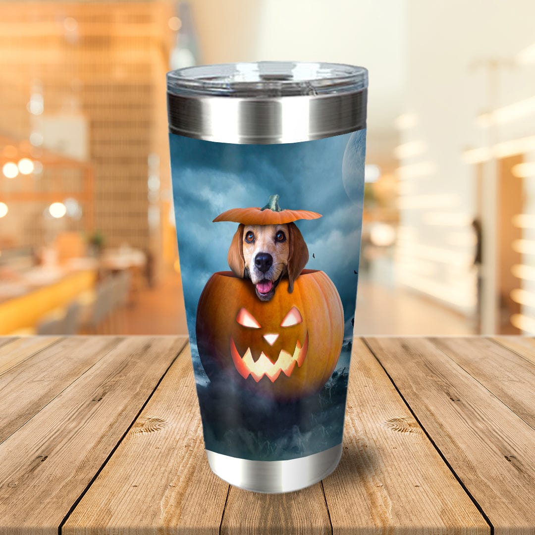 Personalized stainless steel tumbler with a custom beagle dog portrait inside a glowing Halloween pumpkin.