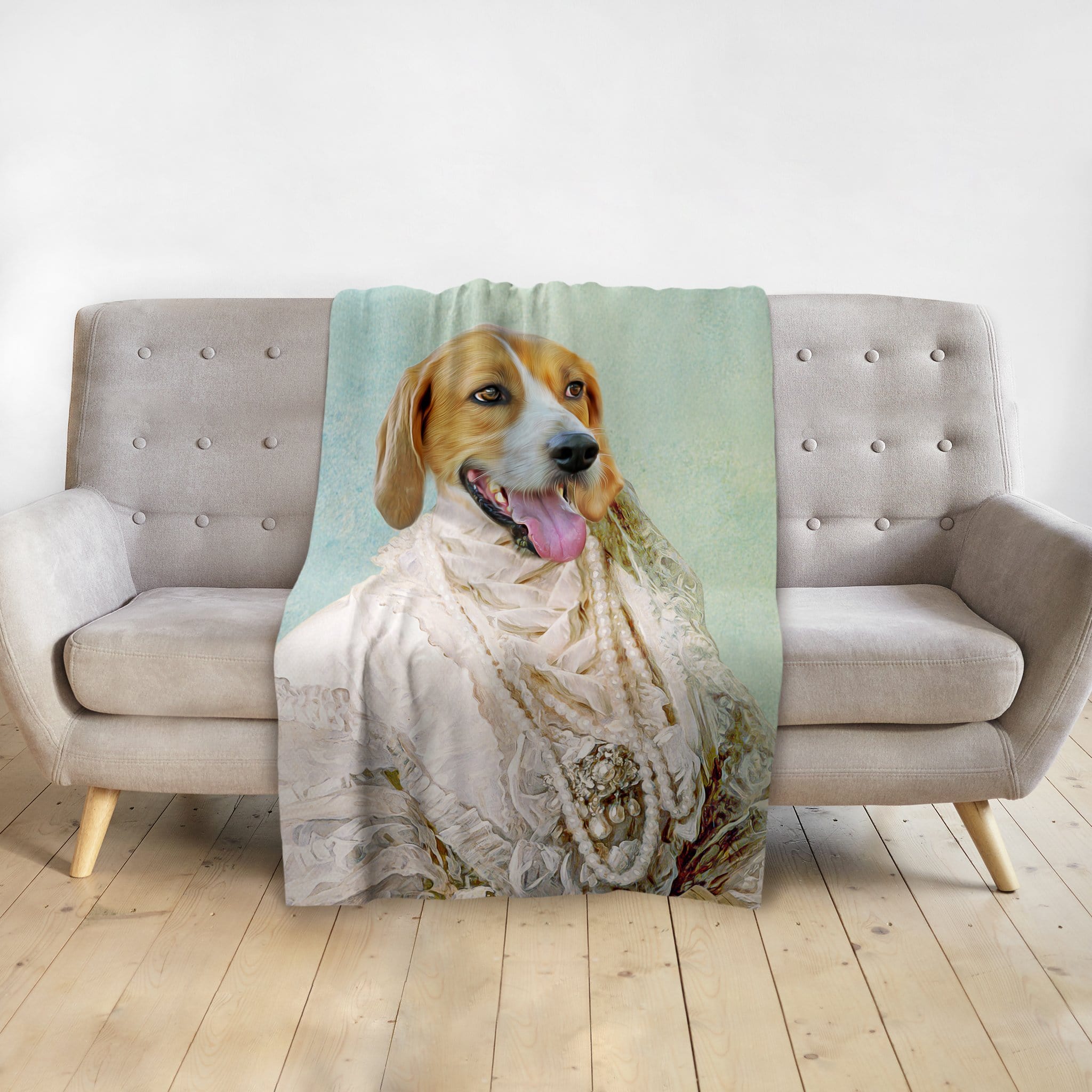 Personalized pet blanket with a renaissance-style portrait of a dog in a pearl gown.
