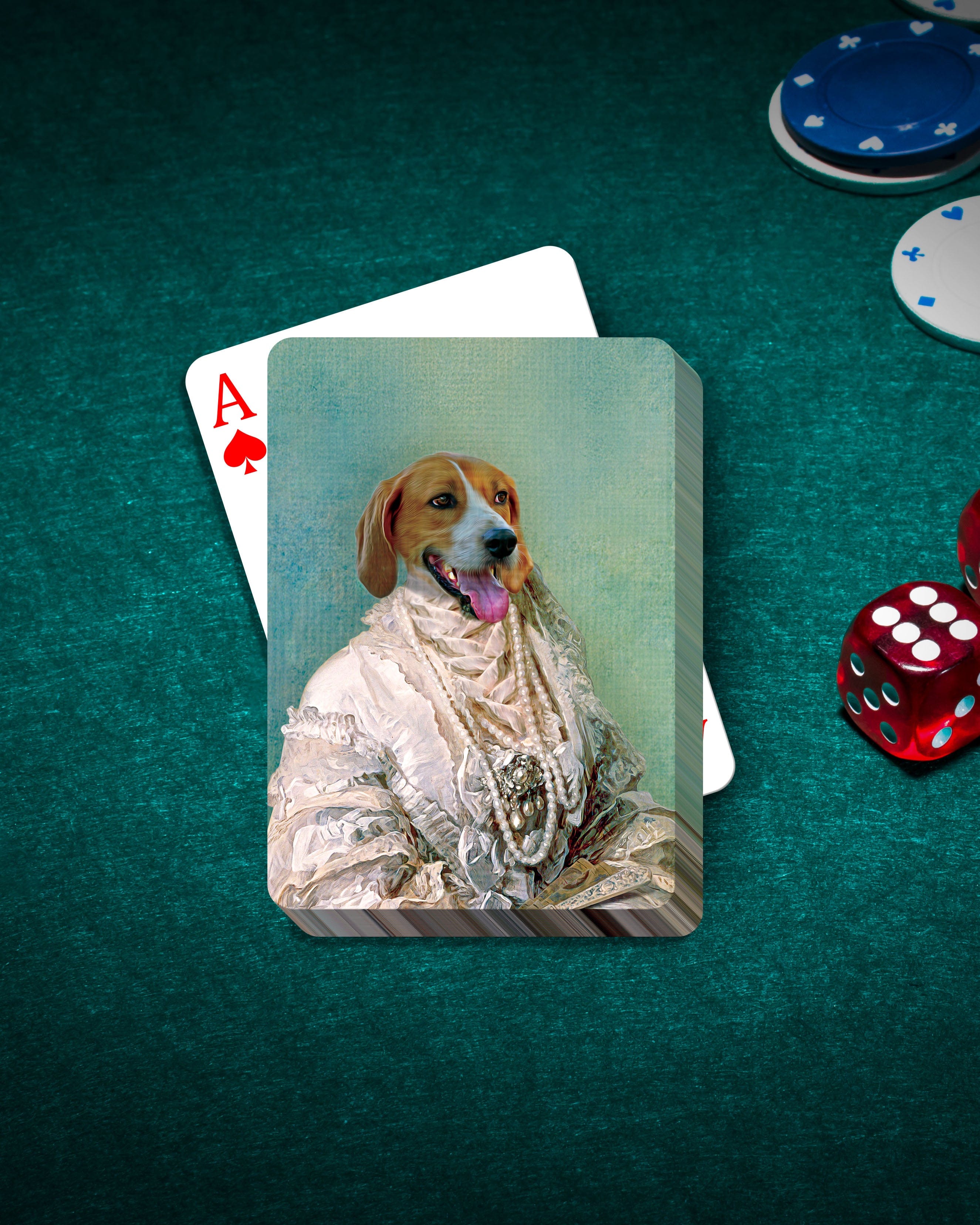 Personalized pet playing cards featuring a custom renaissance-style portrait of a beagle dog.