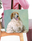 Personalized tote bag with a custom renaissance portrait of a beagle dog in a pearled gown.