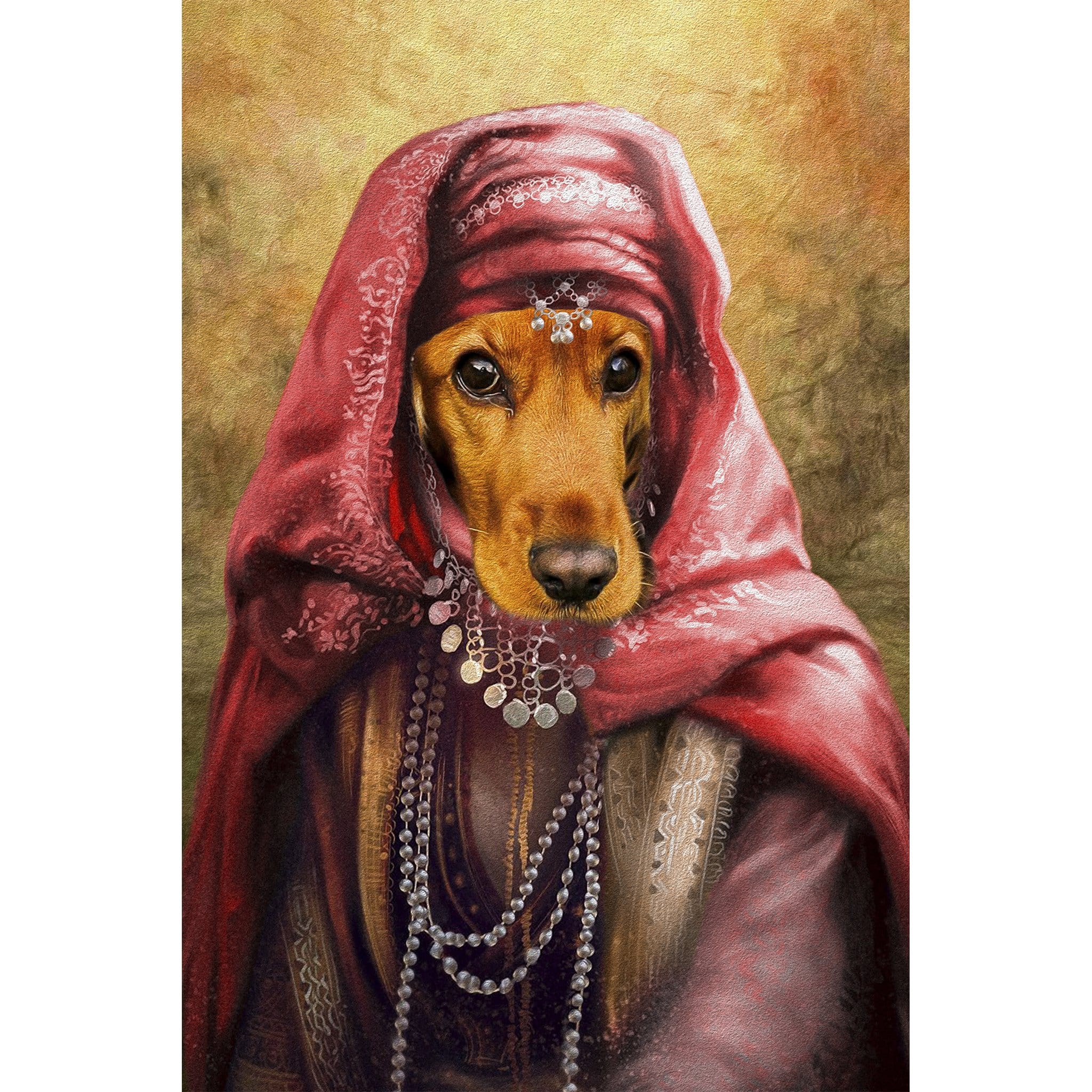 Custom digital portrait of a dachshund dog as a Persian Princess in a red headscarf and ornate jewelry.