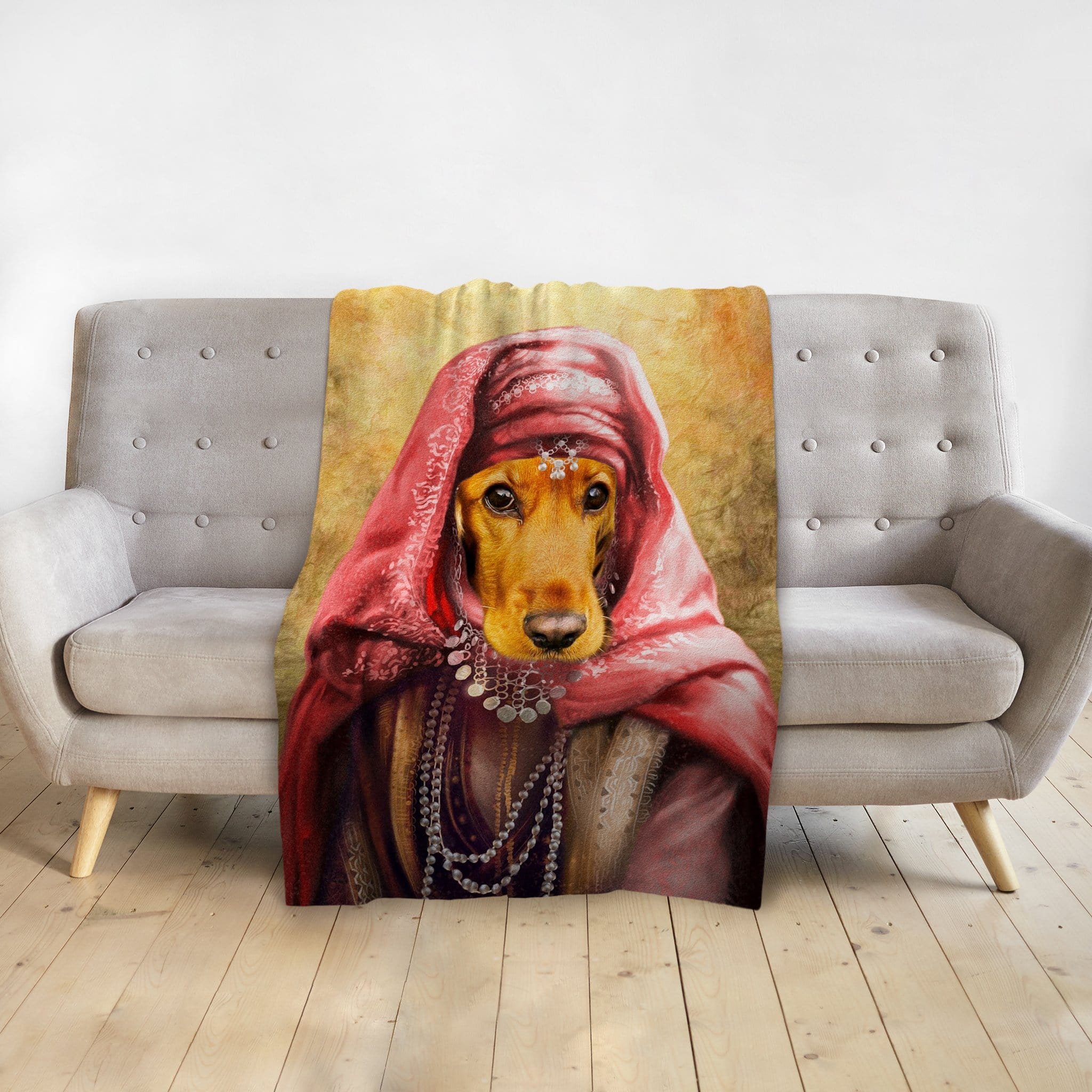 Personalized pet blanket featuring a dog in a "Persian Princess" renaissance-style portrait.