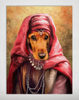 Personalized pet poster featuring a brown dog as a Persian Princess in a red headscarf and ornate jewelry.