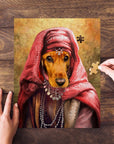 Custom personalized pet puzzle featuring a dog in a renaissance royal Persian Princess portrait style.