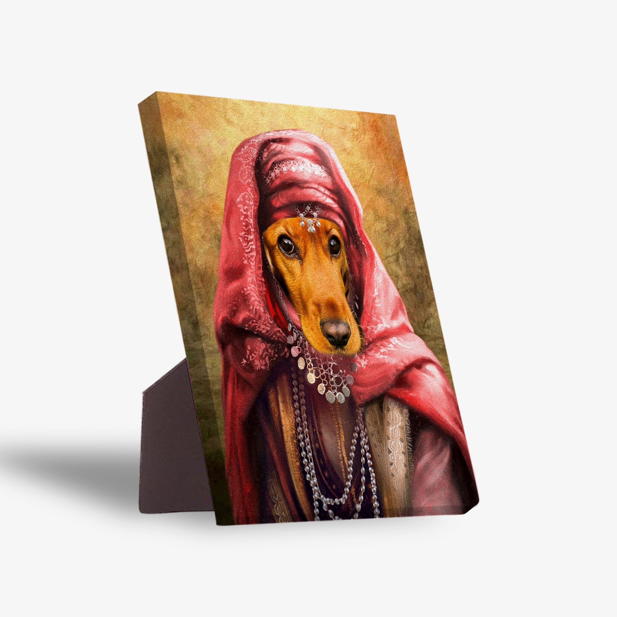Personalized pet standing canvas featuring a dachshund in a red Persian Princess costume with jewelry, on a gold background.
