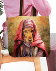 Personalized tote bag featuring a custom royal renaissance portrait of a dachshund dog in a red headscarf.