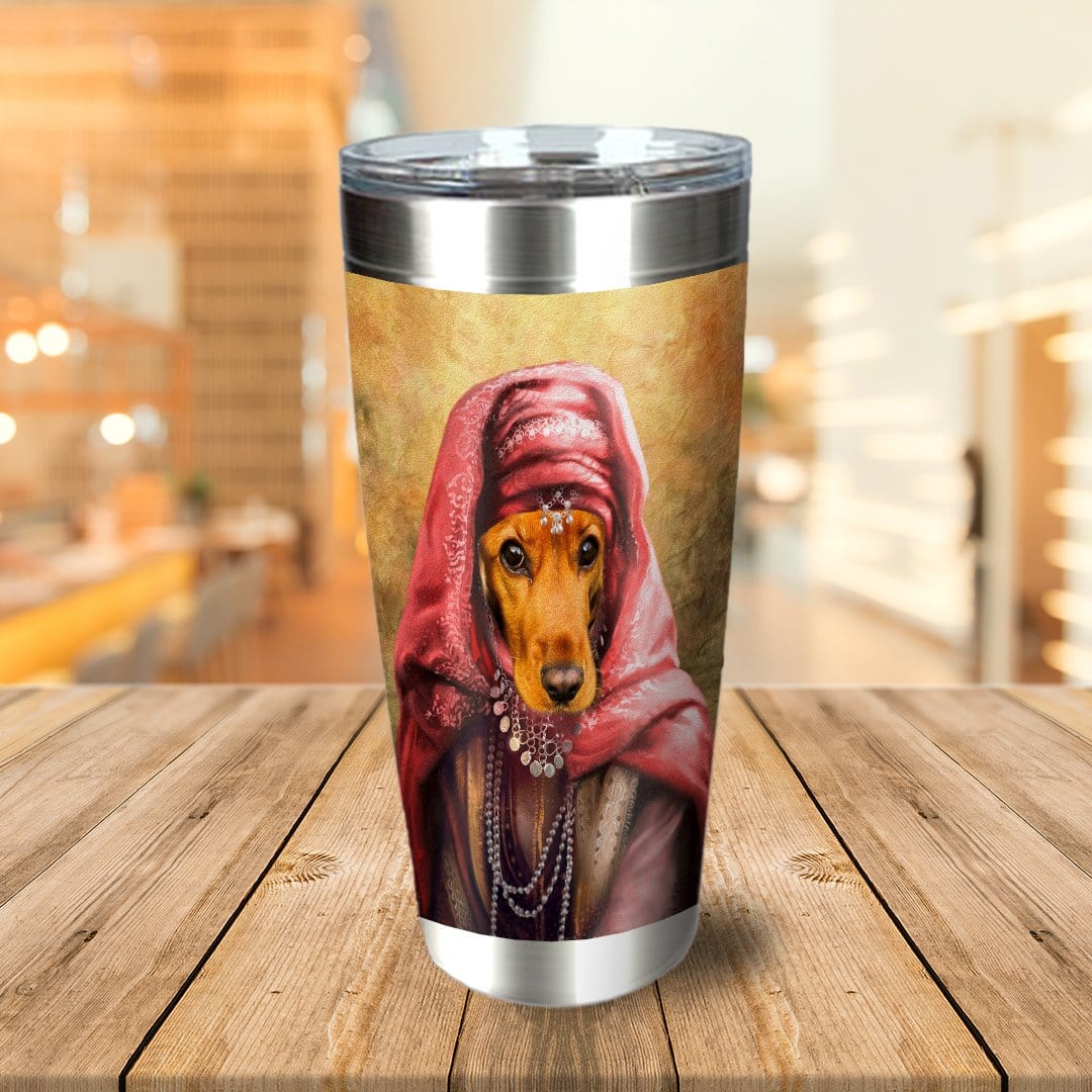 Personalized stainless steel tumbler with a custom royal renaissance portrait of a dachshund in a red headscarf.