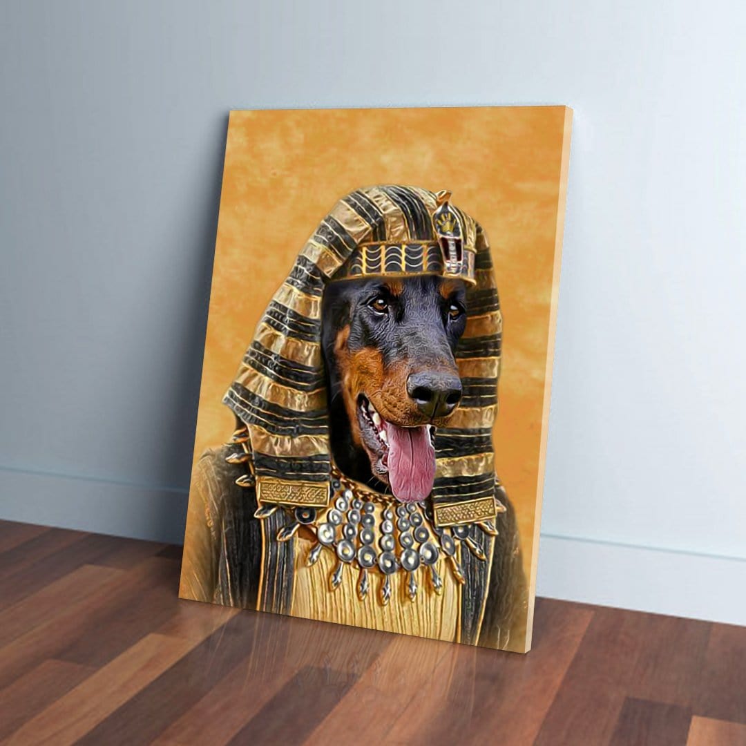 Personalized pet canvas featuring a Doberman in a golden Pharaoh costume, leaning on a wall.