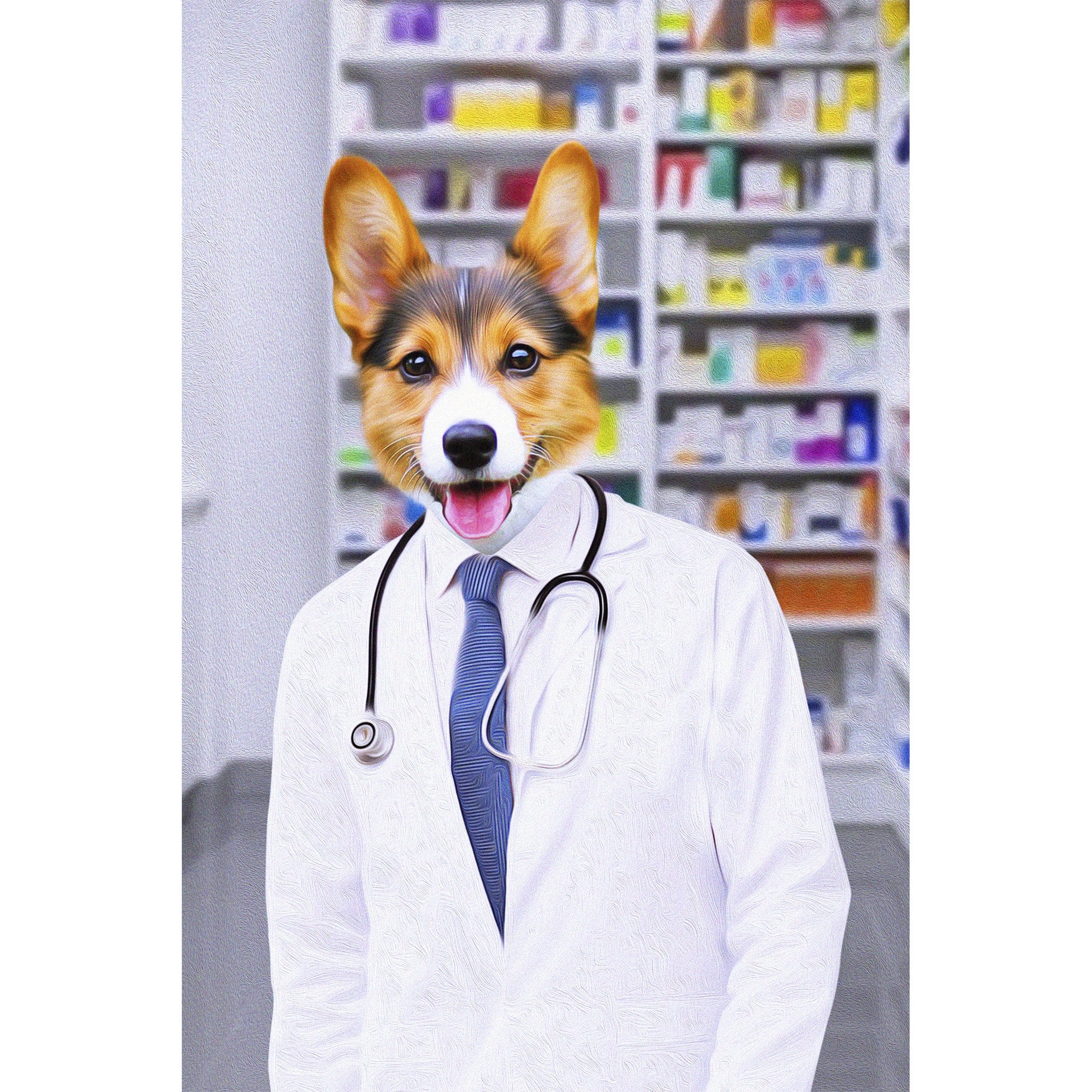 Custom digital portrait of a corgi pet as a pharmacist in a white lab coat with a stethoscope.