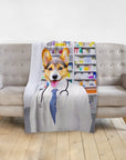 Personalized pet blanket featuring a corgi portrait as 'The Pharmacist' in a white lab coat.
