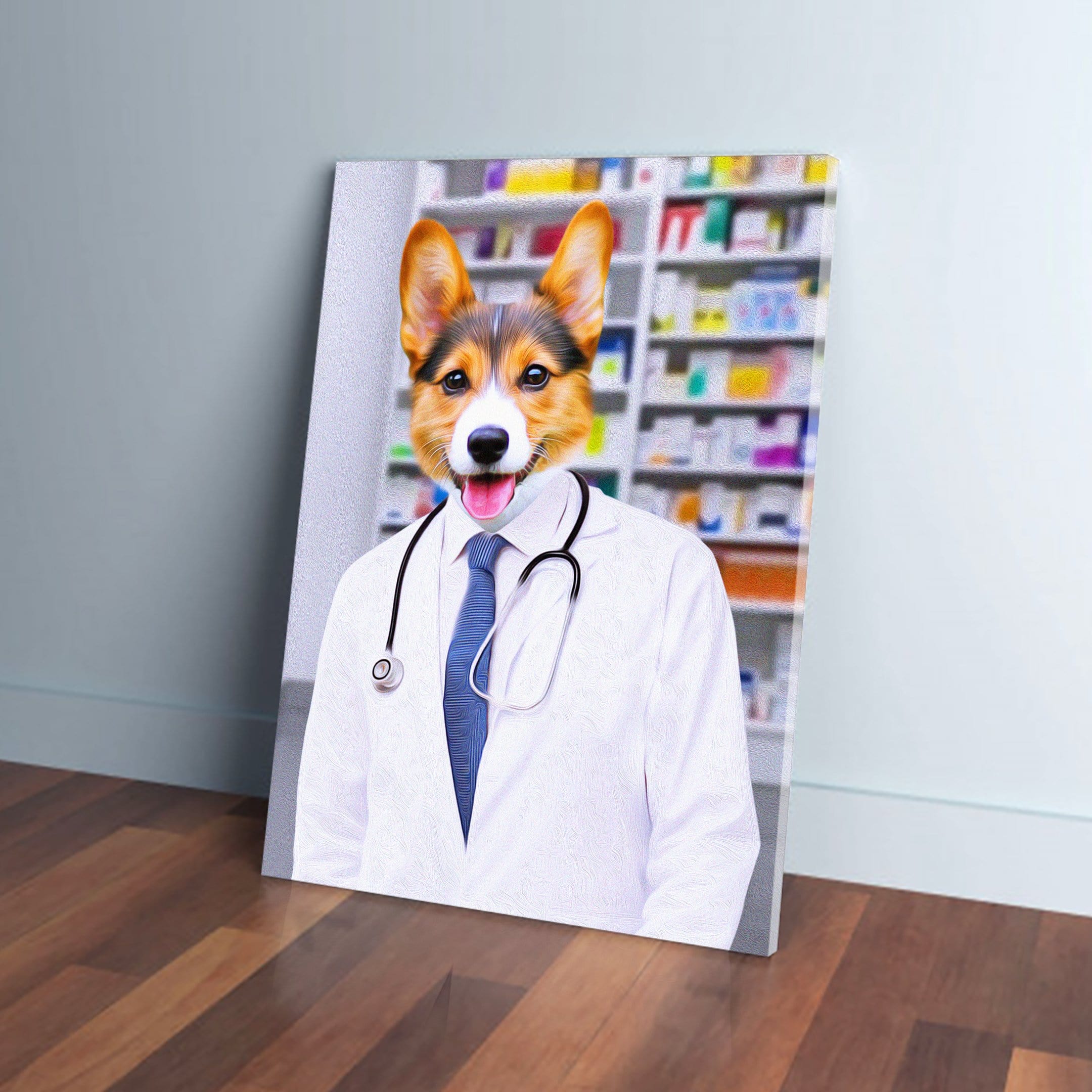 Custom pet canvas featuring a corgi dressed as a pharmacist in a white lab coat and stethoscope.