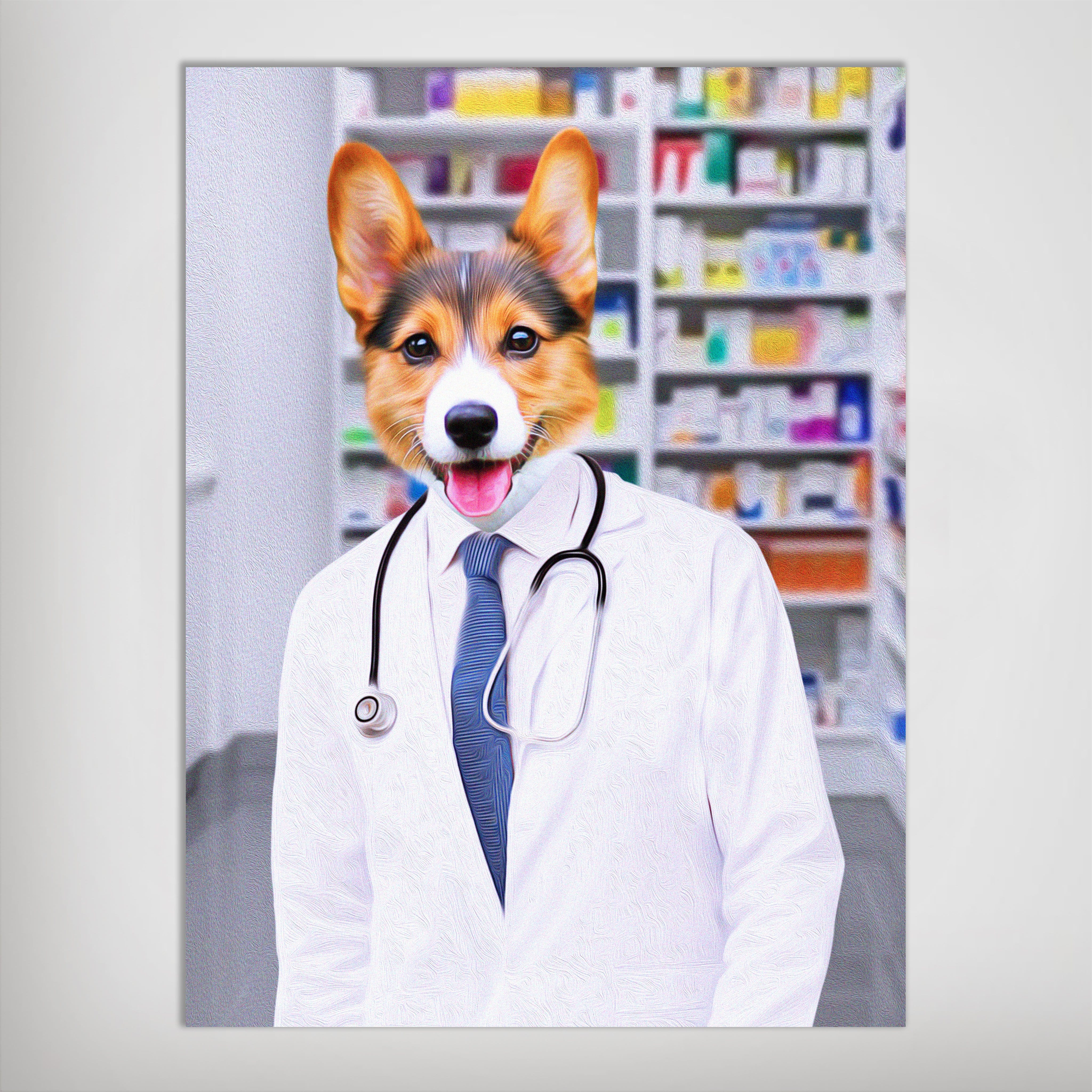 Personalized pet poster featuring a corgi's head on a pharmacist's body in a white lab coat and blue tie.