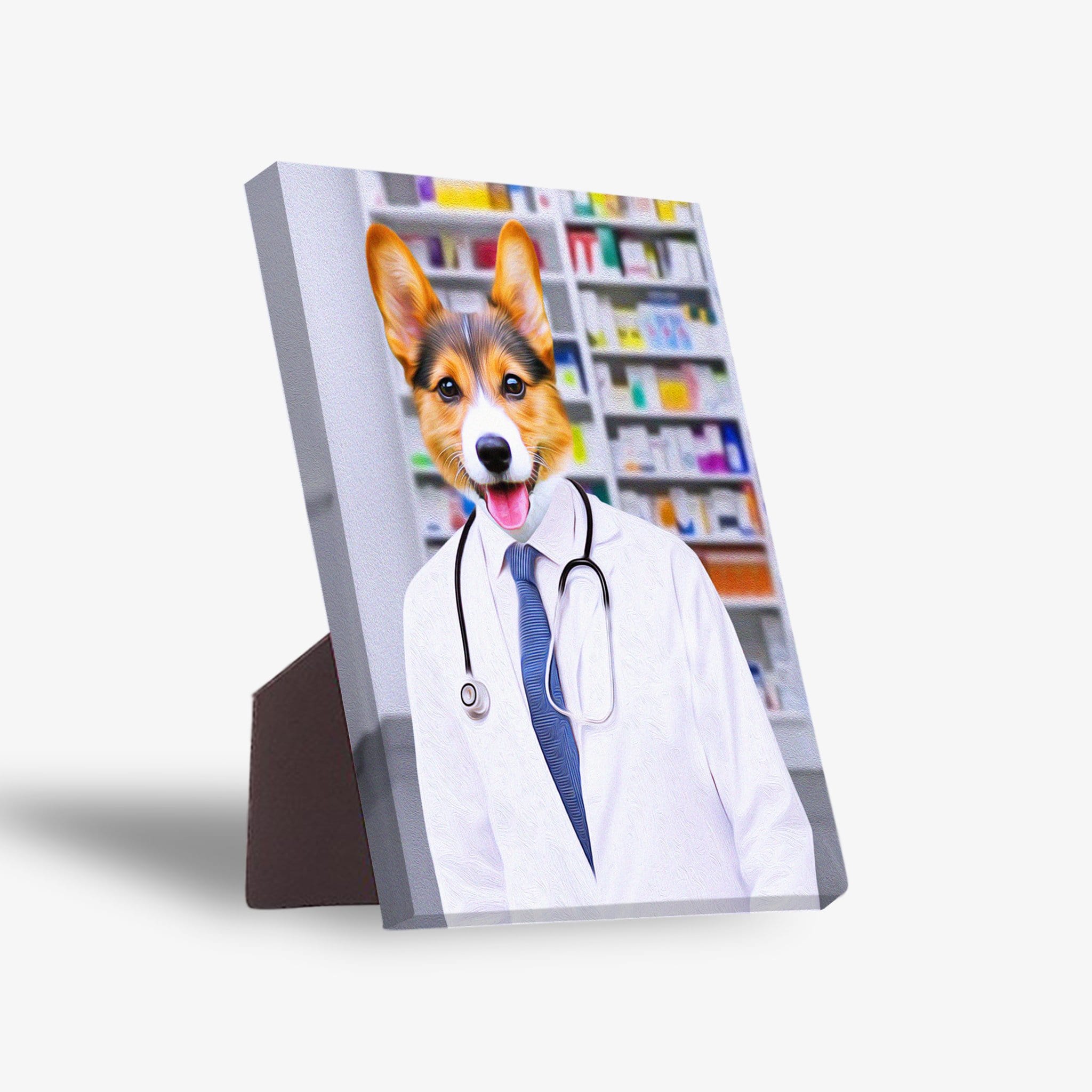 Personalized pet standing canvas featuring a corgi in a white pharmacist coat with a stethoscope, against a pharmacy shelf background.