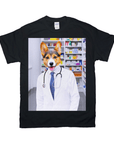 Black Gildan t-shirt with a personalized print of a corgi dog dressed as a pharmacist.