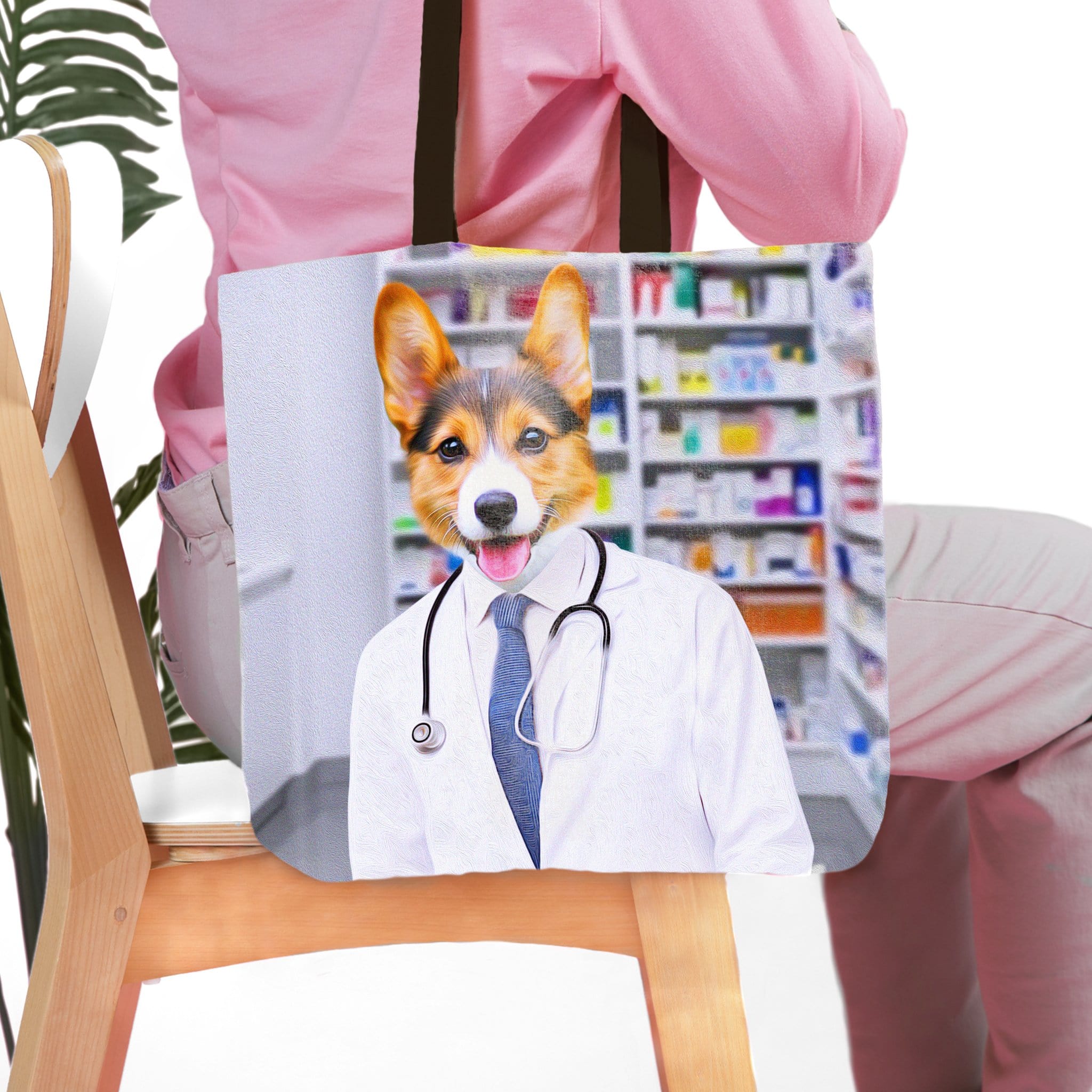 Personalized tote bag with a custom corgi pet portrait dressed as a pharmacist.
