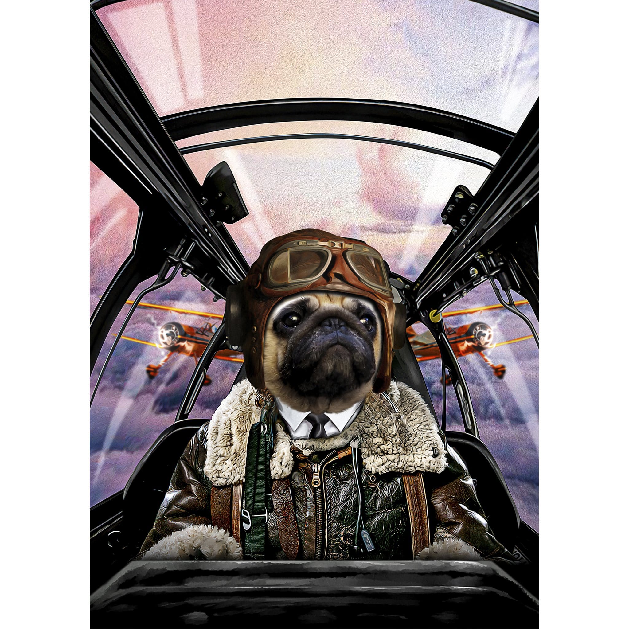 Custom digital portrait of a pug dressed as a pilot in a cockpit, with biplanes in the background.