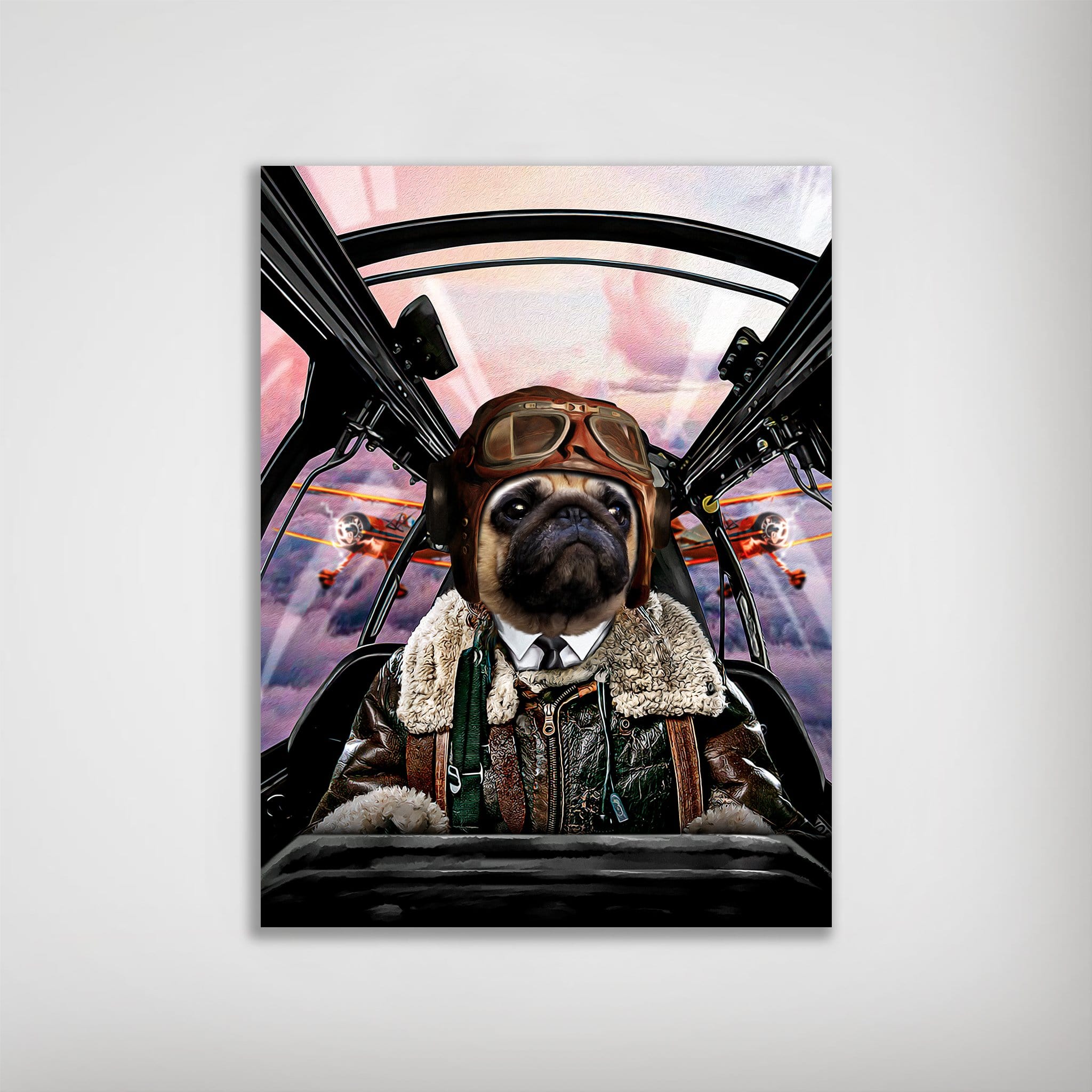 Personalized 'The Pilot' dog poster featuring a pug in a vintage aviator jacket and helmet.
