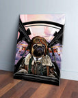 Personalized pet canvas featuring a pug in a vintage pilot's uniform, flying an airplane.