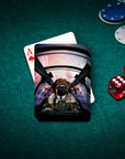 Personalized playing cards featuring a pug pet portrait as a pilot in a plane cockpit.