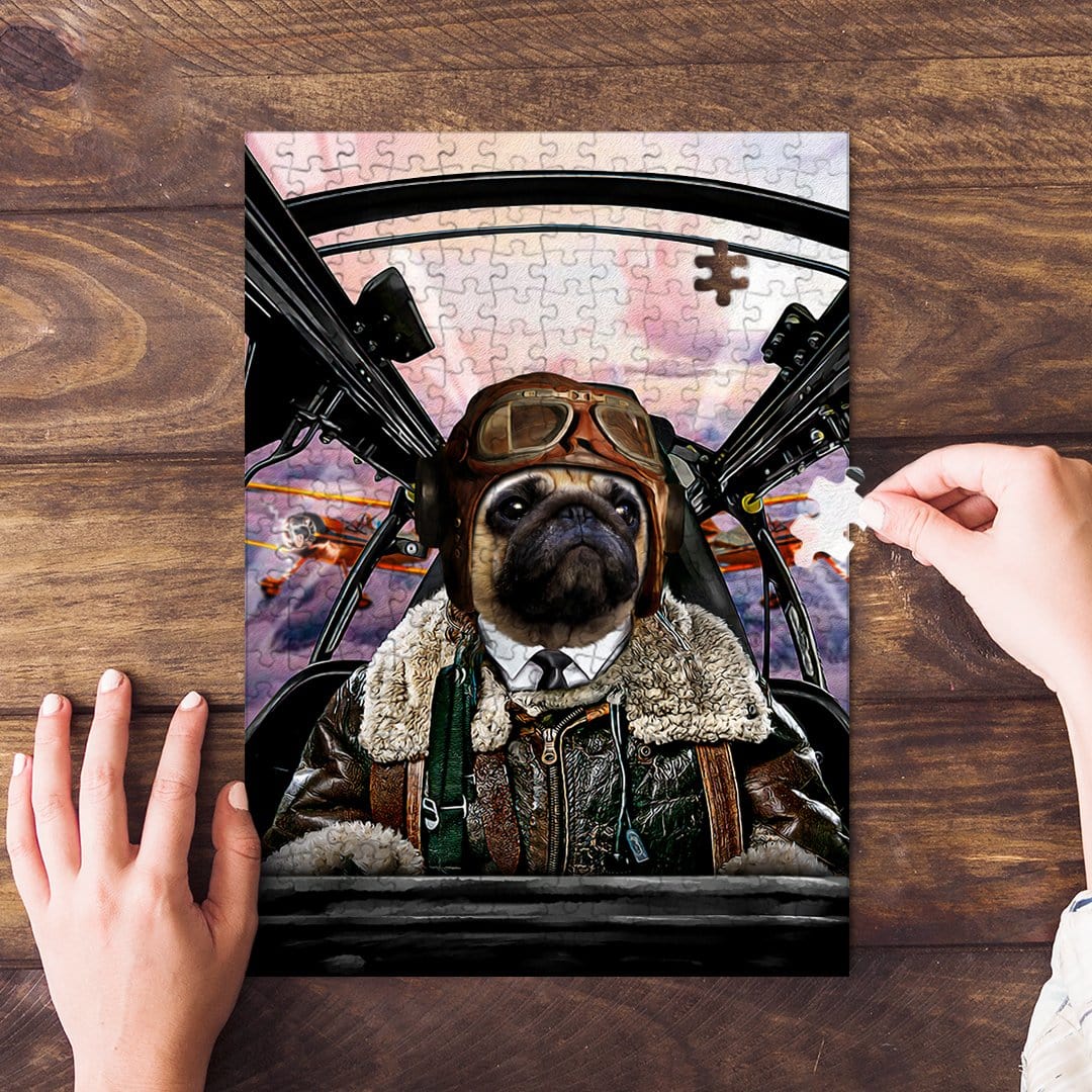 Custom personalized pet puzzle featuring a pug in a pilot uniform, with hands assembling a piece.