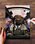 Custom personalized pet puzzle featuring a pug in a pilot uniform, with hands assembling a piece.