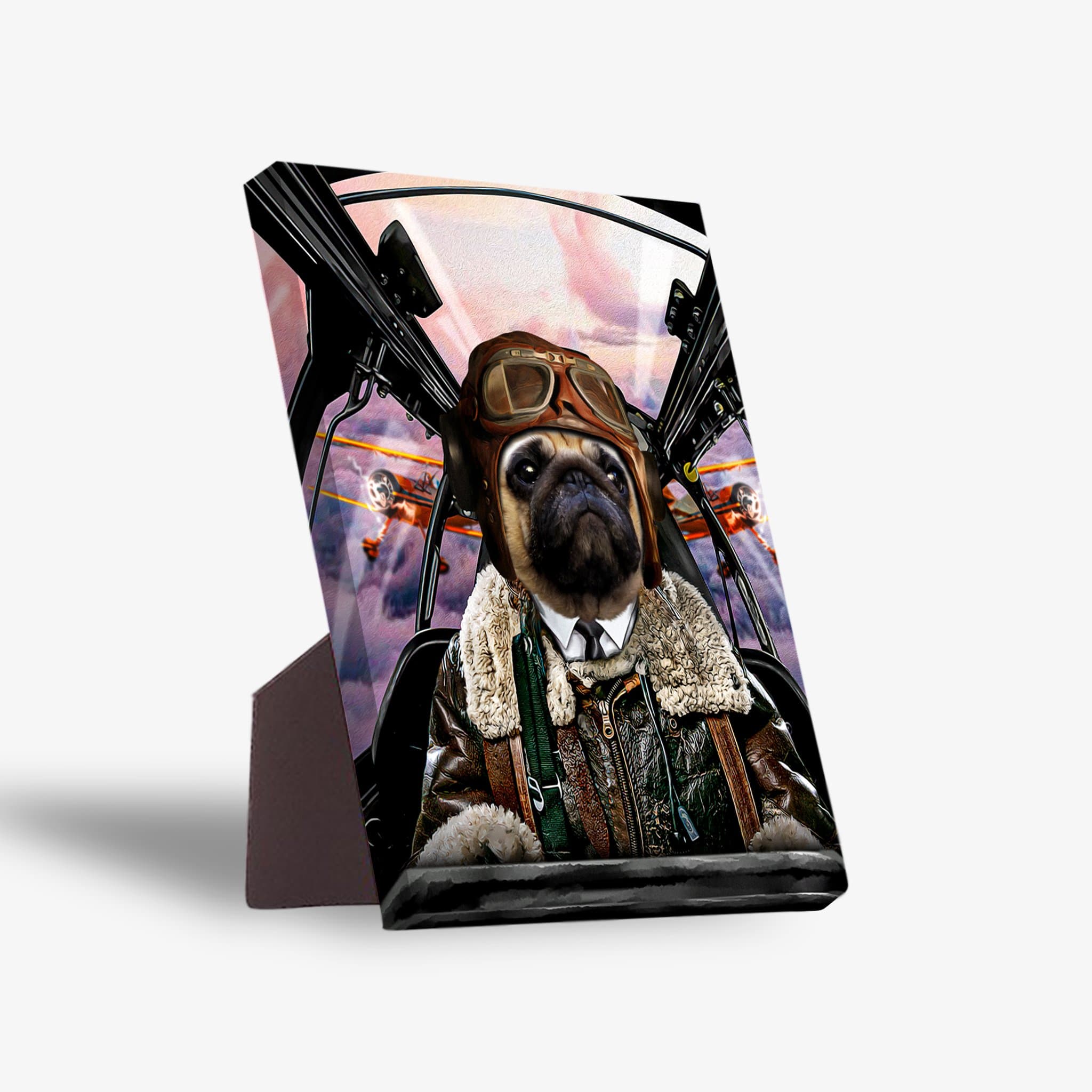 Personalized pet standing canvas featuring a pug in a pilot's uniform and goggles, flying a plane.