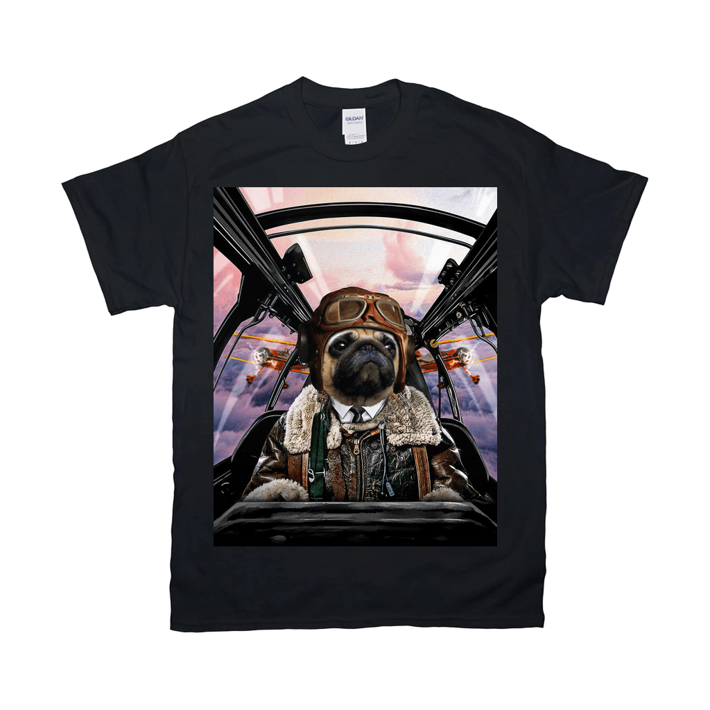 Black Gildan t-shirt with a pug pilot wearing a leather jacket and goggles in a cockpit.