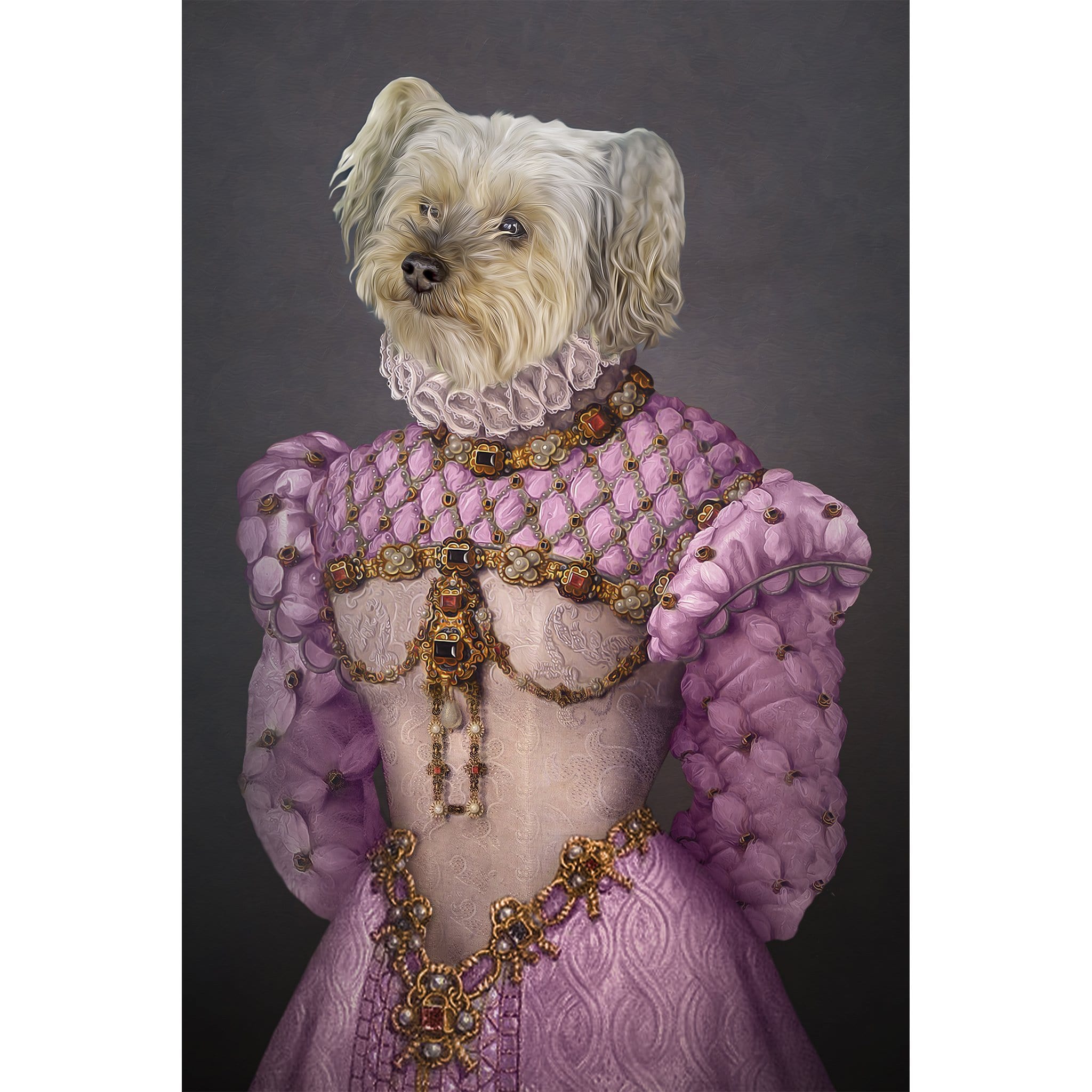 Custom digital portrait of a white dog as a Pink Princess in a renaissance-style gown.