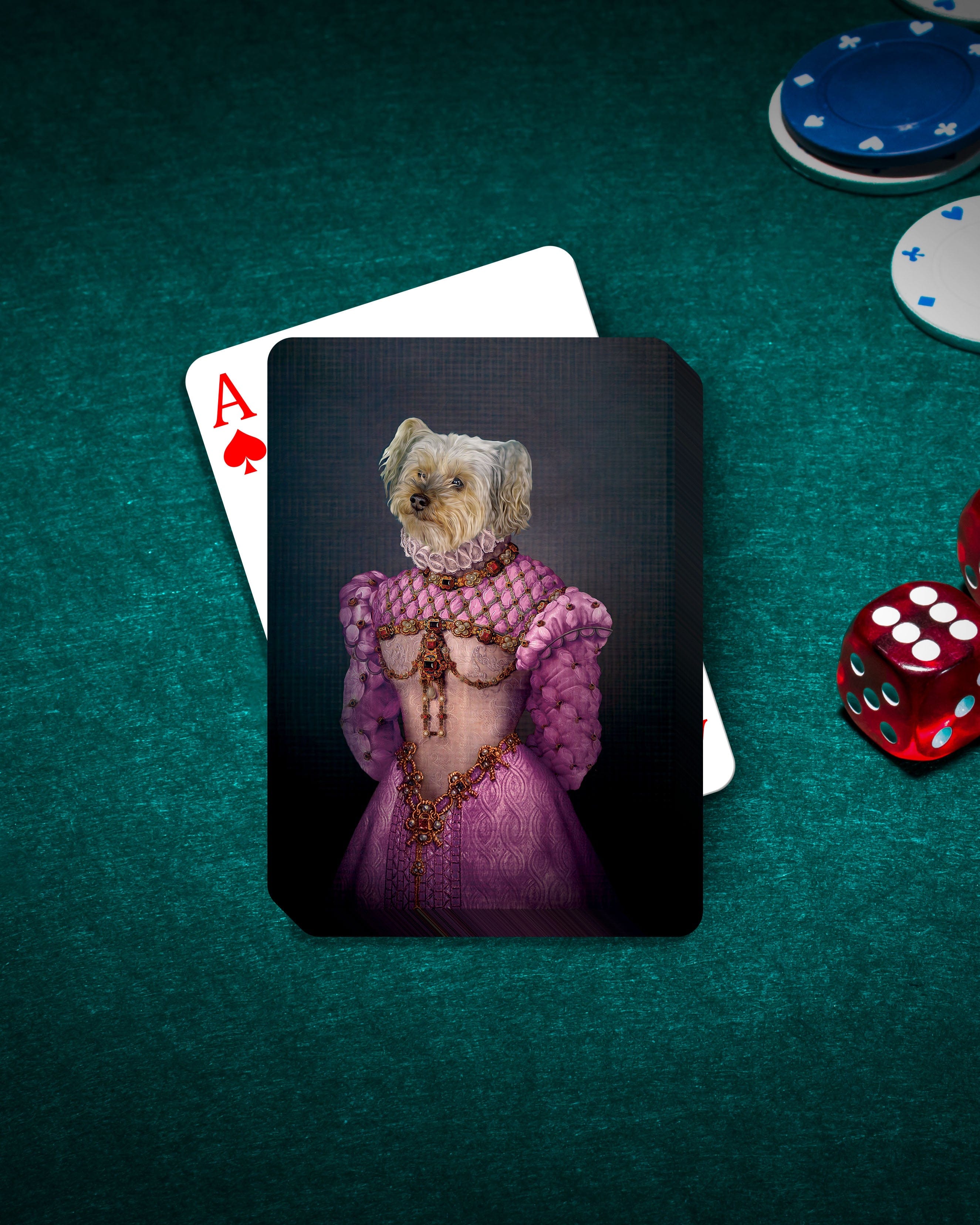 Personalized playing cards featuring a dog in a pink royal renaissance portrait on a green felt table.