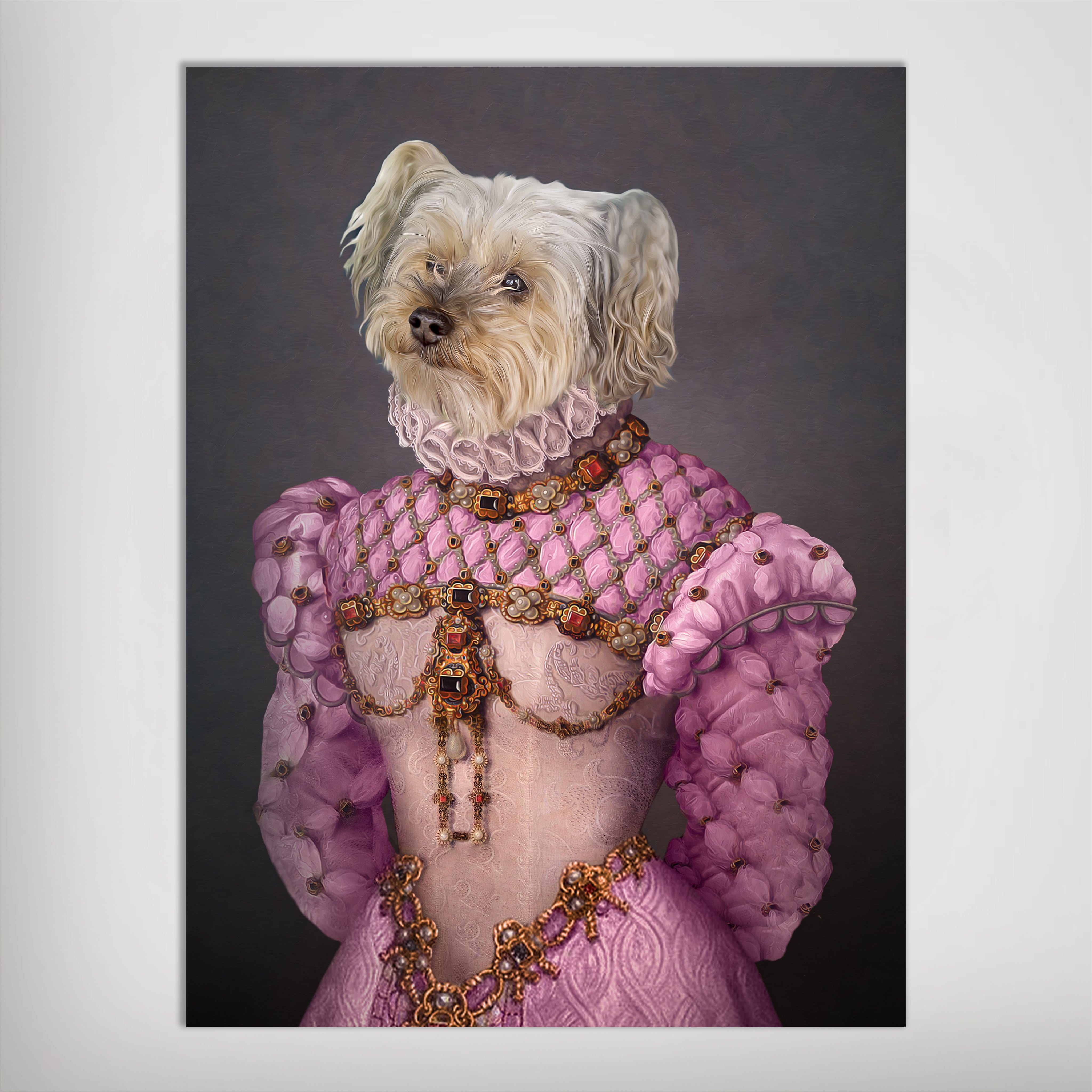 Personalized 'Pink Princess' pet poster featuring a white dog in an ornate pink and gold gown.
