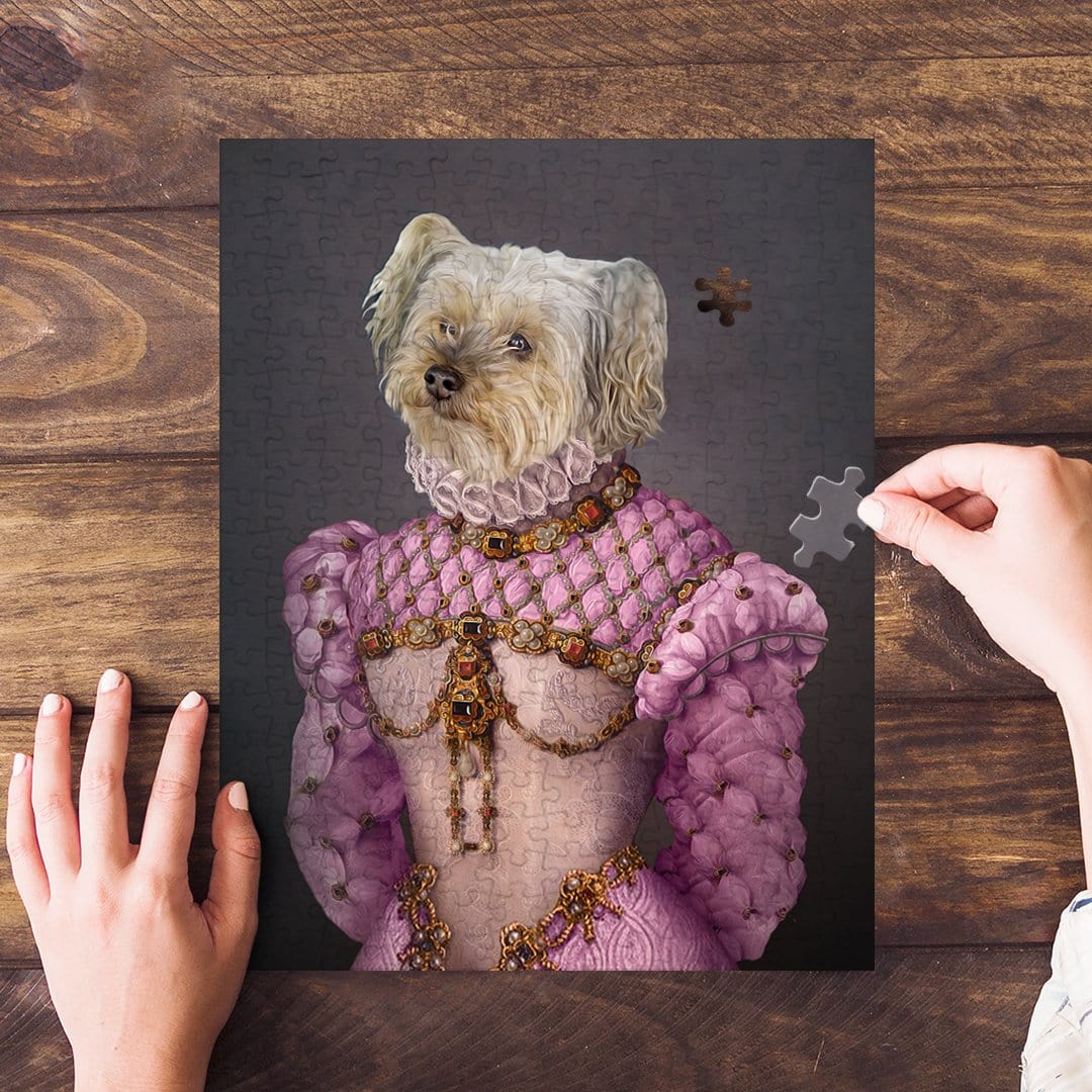 Personalized 'Pink Princess' pet puzzle featuring a dog in a royal renaissance portrait style.