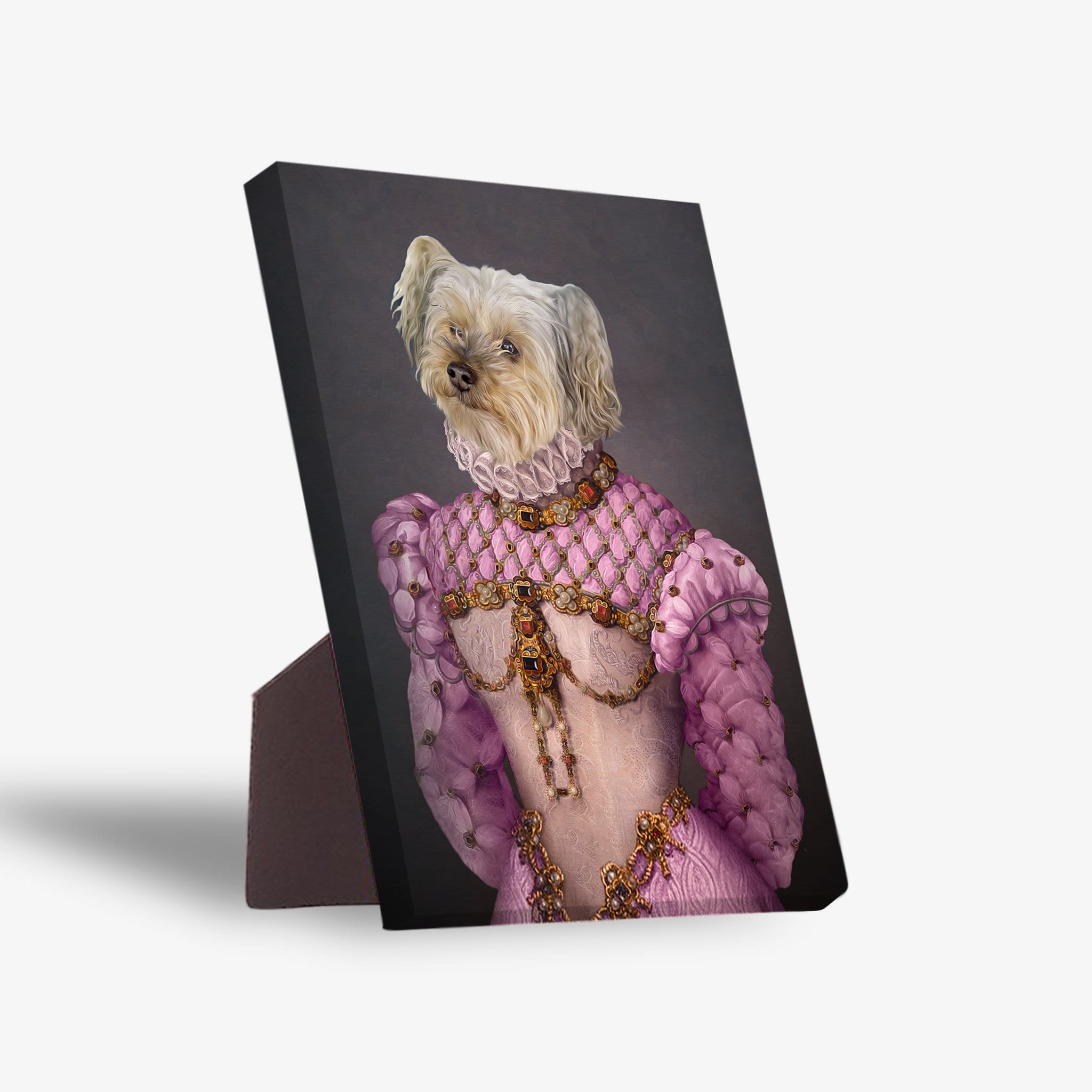 Personalized pet standing canvas featuring a dog's head on a pink princess gown with gold details.