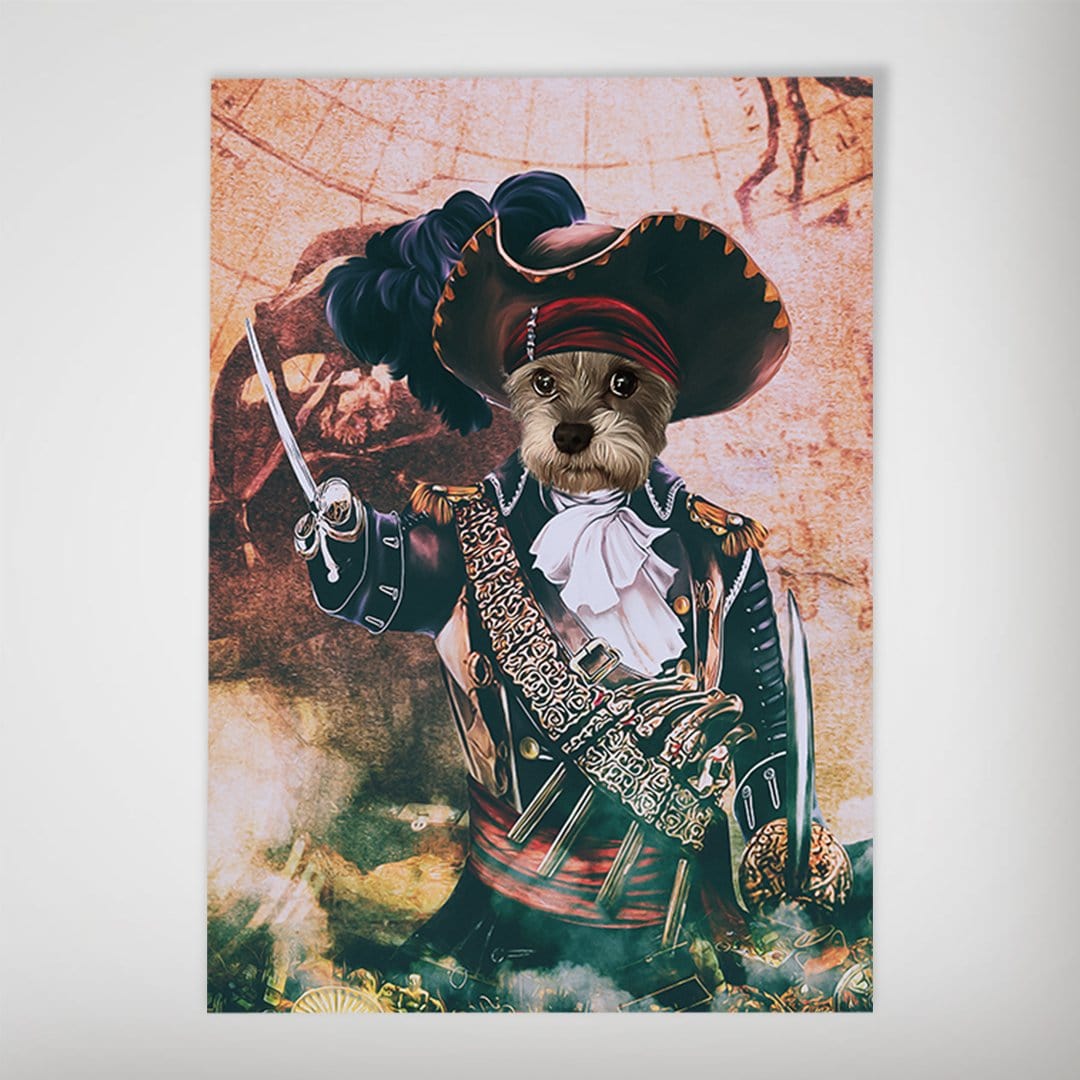 Personalized 'The Pirate' dog poster featuring a terrier's face on a pirate captain, holding a sword.