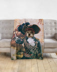 Personalized pet blanket with a dog's portrait as a pirate captain, draped over a gray sofa.