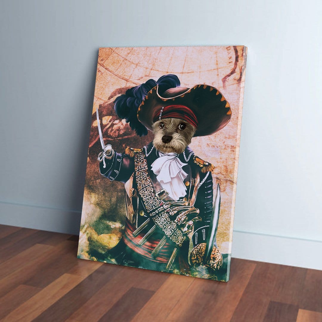 Custom pet canvas featuring a terrier's head on a pirate captain's body, holding a sword, with a vintage map background.