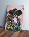Custom pet canvas featuring a terrier's head on a pirate captain's body, holding a sword, with a vintage map background.