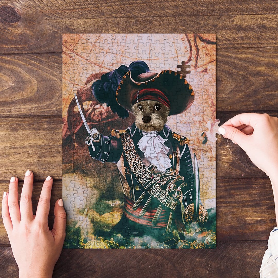 Personalized pet puzzle featuring a dog in a pirate costume, with hands assembling pieces.