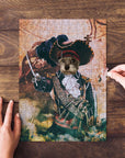 Personalized pet puzzle featuring a dog in a pirate costume, with hands assembling pieces.