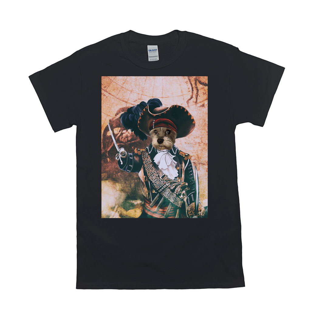 Black Gildan t-shirt with a personalized pet portrait of a dog dressed as a pirate captain.
