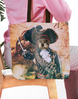 Personalized tote bag with a custom pet portrait of a dog dressed as a pirate, on a vintage map background.
