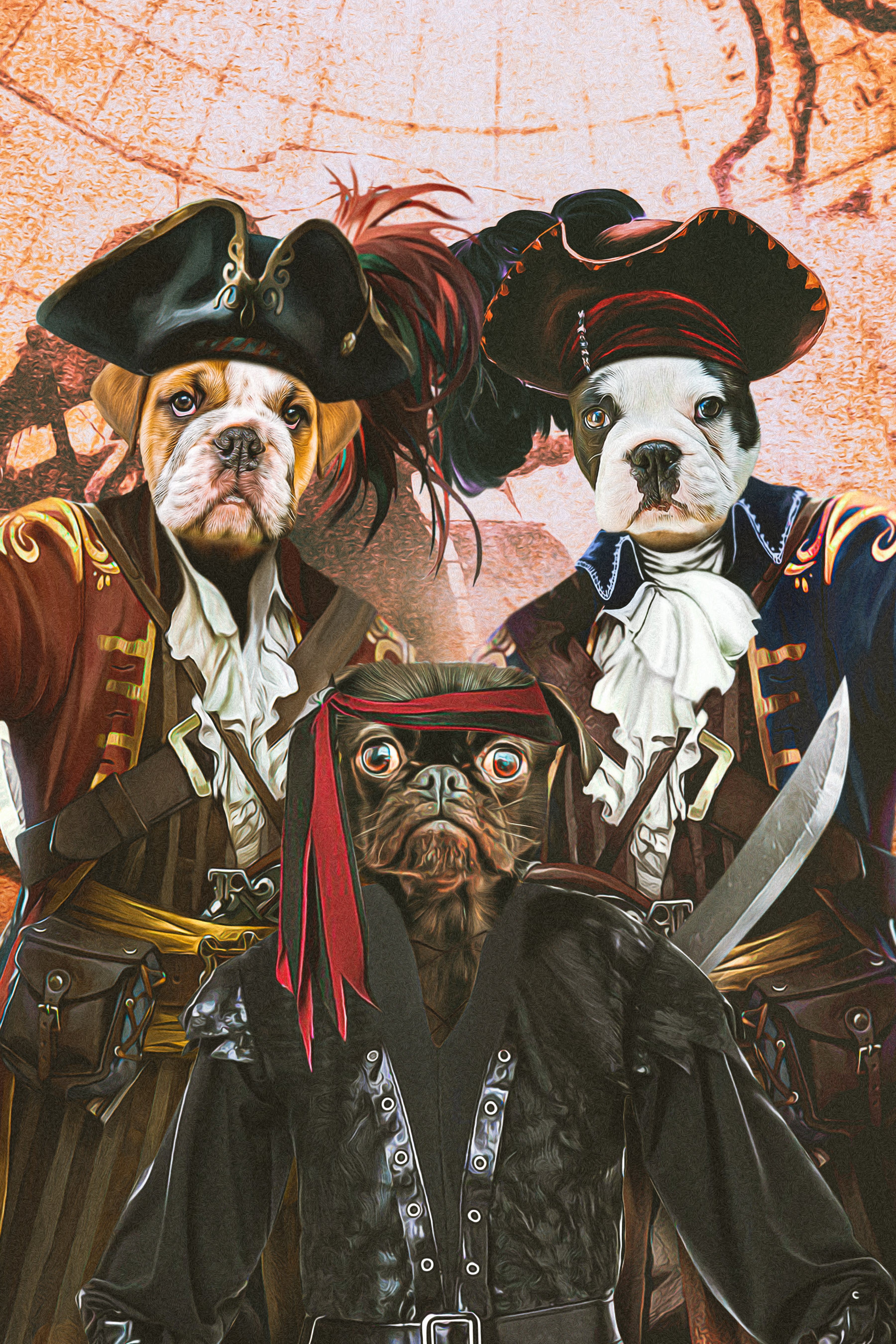Custom digital portrait of three pets as pirates on a vintage map background.