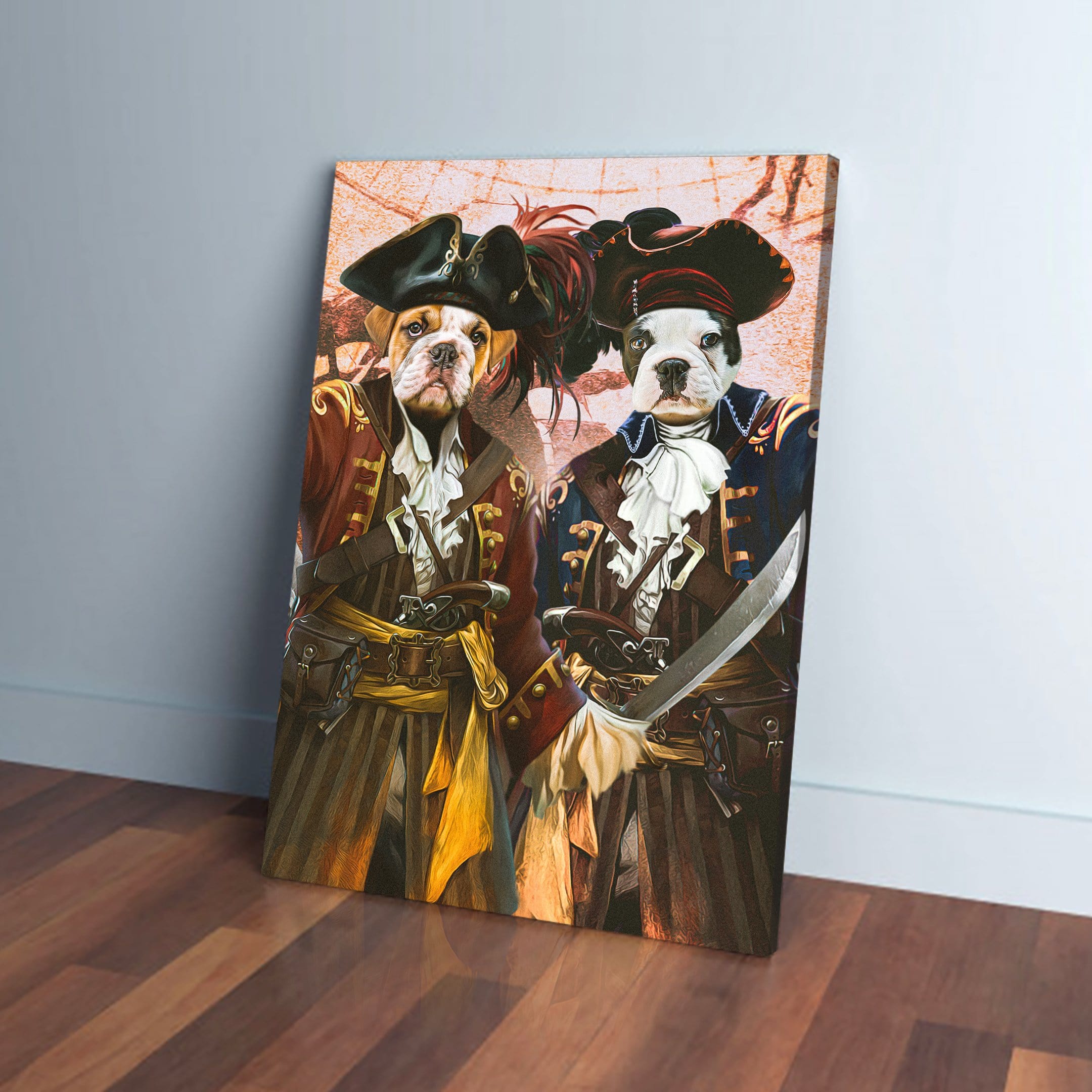 Two dogs in pirate costumes, one brown and one white, on a personalized canvas with a map background.