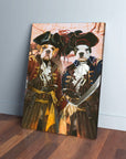 Two dogs in pirate costumes, one brown and one white, on a personalized canvas with a map background.