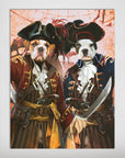 Personalized matte poster featuring two dogs as pirates in historical outfits, holding swords, on an antique map background.