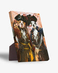 Personalized standing canvas featuring two pets as pirates in colorful costumes with a sturdy stand.