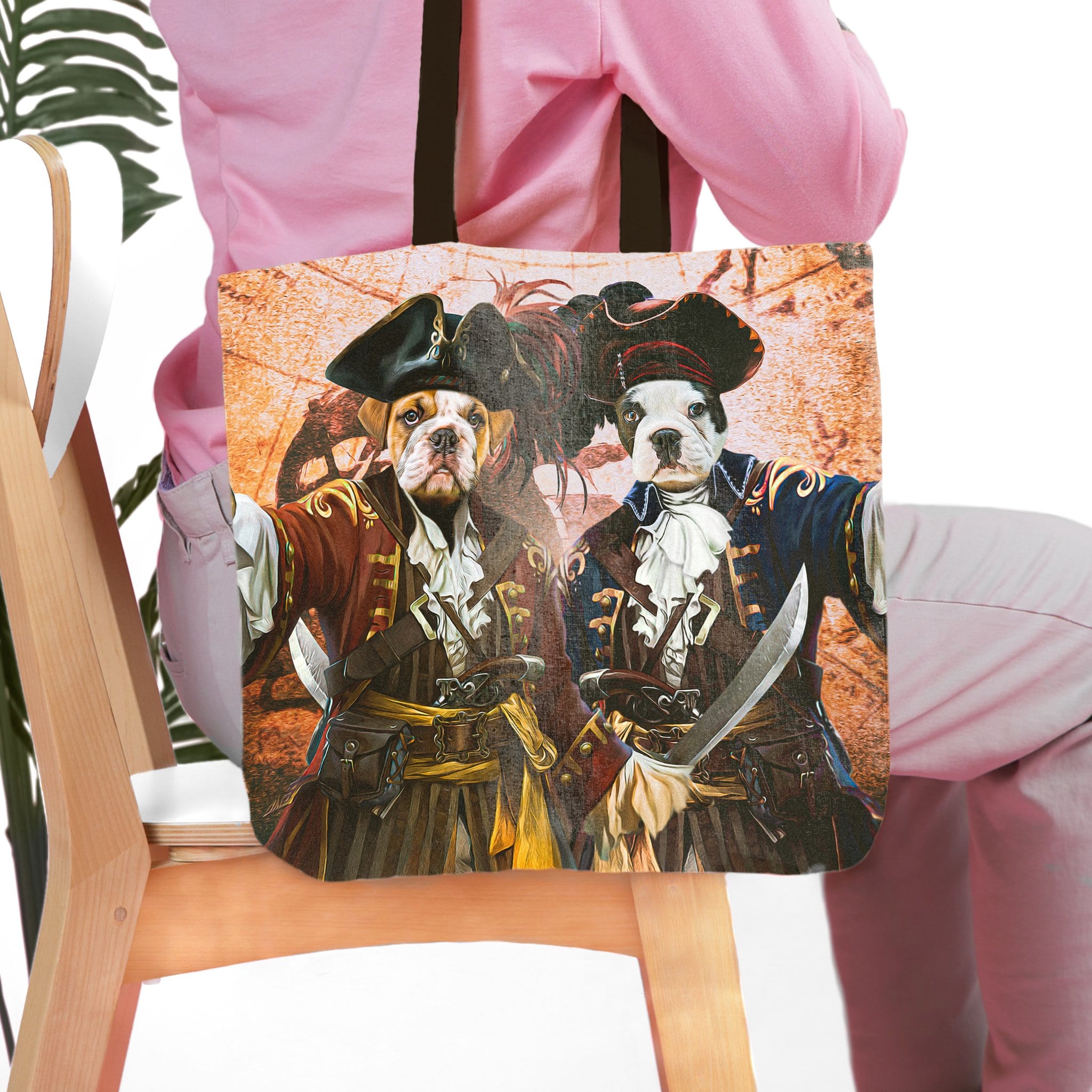 Personalized 'The Pirates' tote bag with two bulldog pet portraits in pirate costumes.