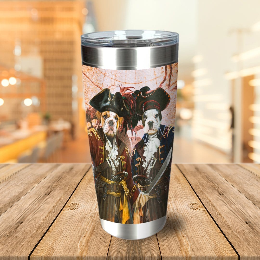 Personalized stainless steel tumbler with two bulldog pets as pirate portraits on a vintage map background.