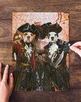 Personalized 3-pet pirate puzzle featuring dogs in renaissance-style costumes, with hands assembling it.