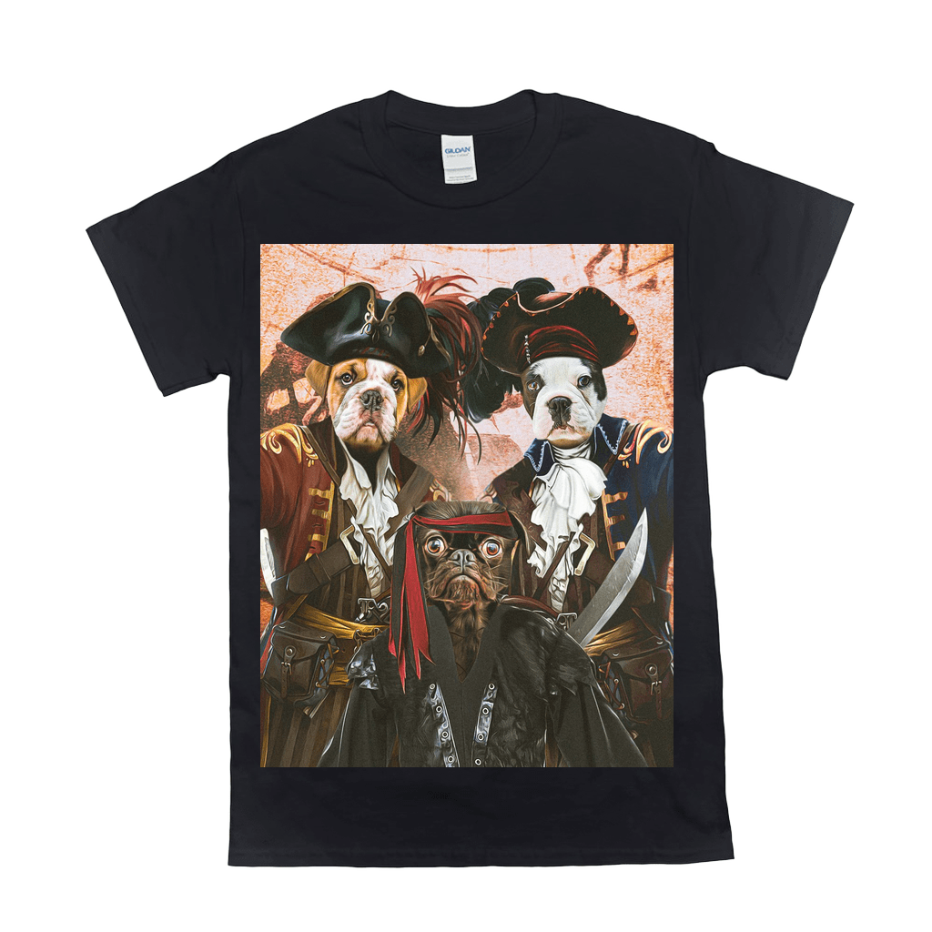 Black Gildan t-shirt featuring three pets (two bulldogs, one pug) dressed as pirates with swords.